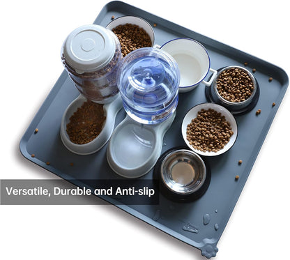 Hoki Found XX-Large Silicone Pet Feeding Mats - Non Slip Cat Dog Bowl Mats - Waterproof, Gray (28'' x 26'')