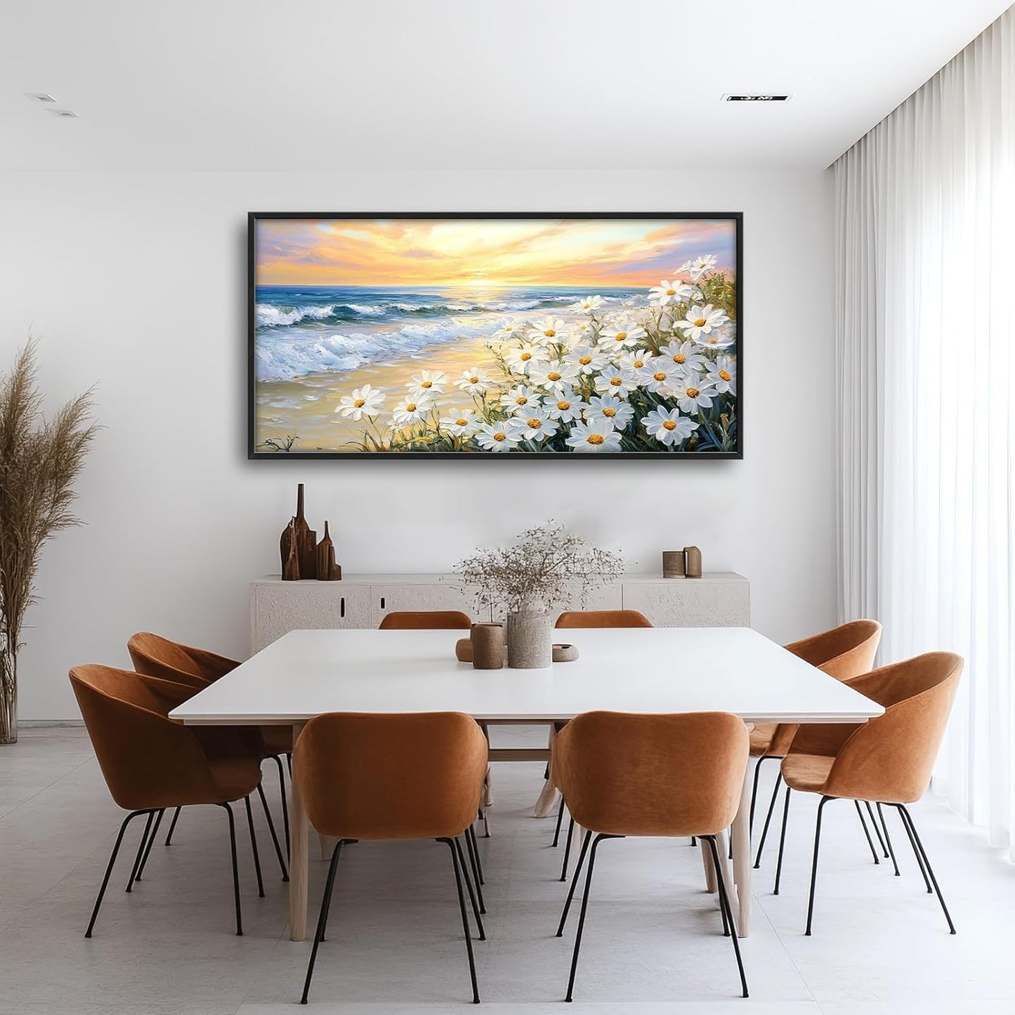 Large Beach Daisy Wall Art, Framed Coastal Beach Wall Decor for Living Room, Oversized Sunrise Canvas Painting Seascape Pictures Home Decoration for Living Room Bedroom Office 60"x30"