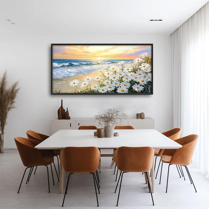 Large Beach Daisy Wall Art, Framed Coastal Beach Wall Decor for Living Room, Oversized Sunrise Canvas Painting Seascape Pictures Home Decoration for Living Room Bedroom Office 60"x30"