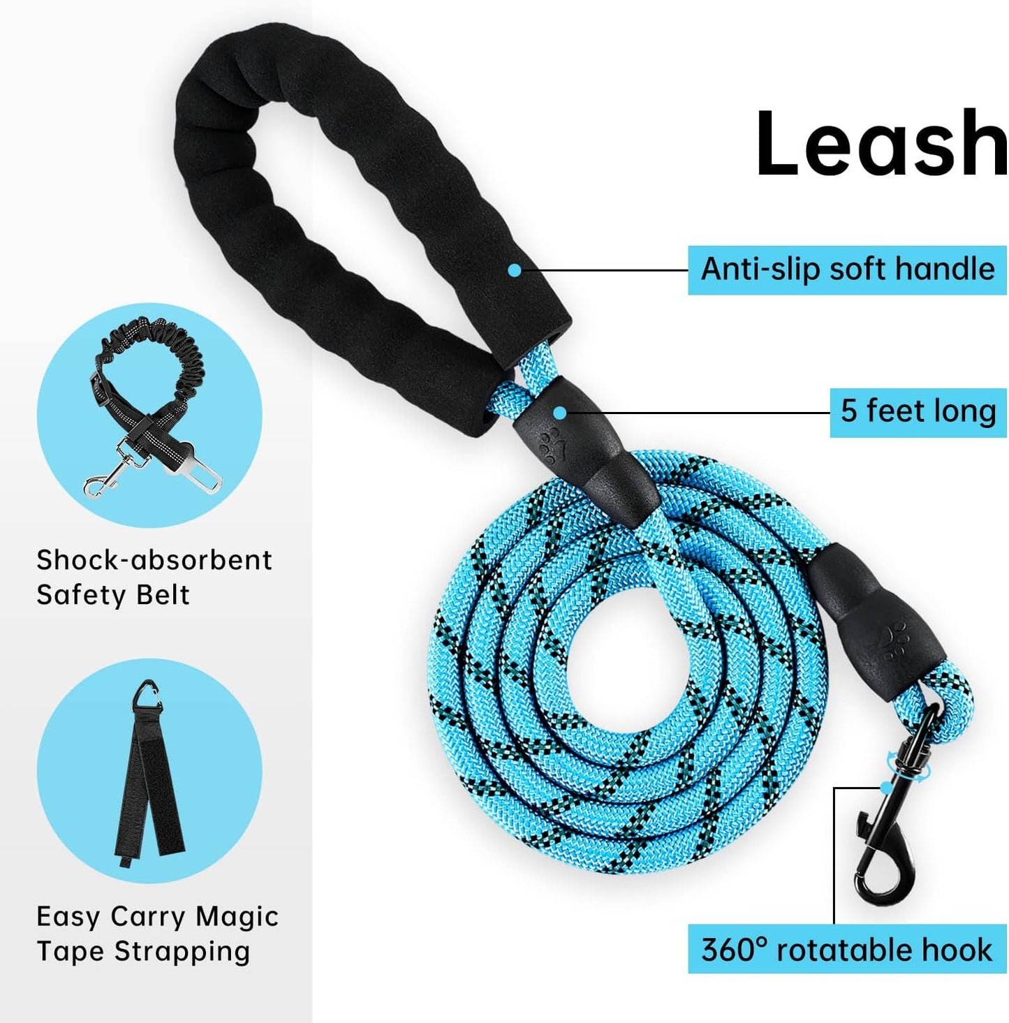 IVY&LANE No Pull Dog Harness for Medium Dogs, Dog Vest Harness with Leash, Safety Belt and Storage Strap, Fully Adjustable, 360 Reflective Strip, Soft Handle (Blue, M)