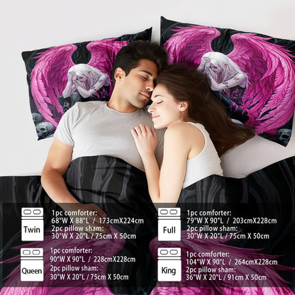 Gothic Skull Comforter Set Queen for Adults,Angel Wings Bedding Set Pink for Girls,Sexy Angel Comforter Bedroom Decor Teen,Gothic Skull Bedding Decor Pink Wings Quilt