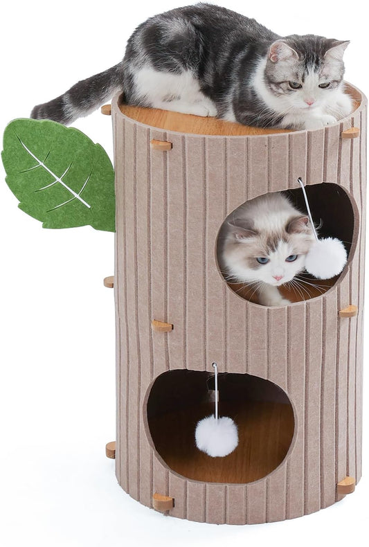 Cat House for Indoor Cats, 2-Storey Large Cat Bed Cave, Felt Covered Cats Tunnel Condo,23.6"