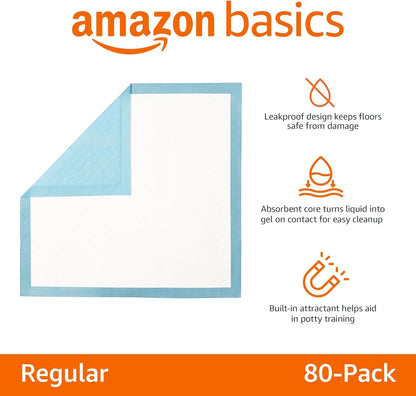 Amazon Basics Heavy Duty Dog and Puppy Pee Pads, 5-Layer Leak-Proof Ultra Absorbent, Quick-Dry Surface, Potty Training, Regular (24x23"), 80 Count, Blue & White
