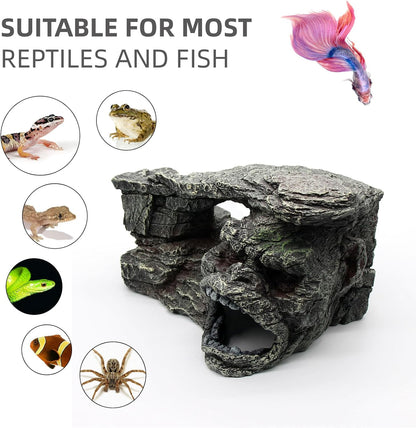 Gecko Hide Shale Scape Step Ledge, Reptile Rock Basking Platform Cave Hideout Tank Accessories Decorations, Great for Reptiles, Amphibians, Leopard Gecko, Snake, Lizard, Frogs, Turtle