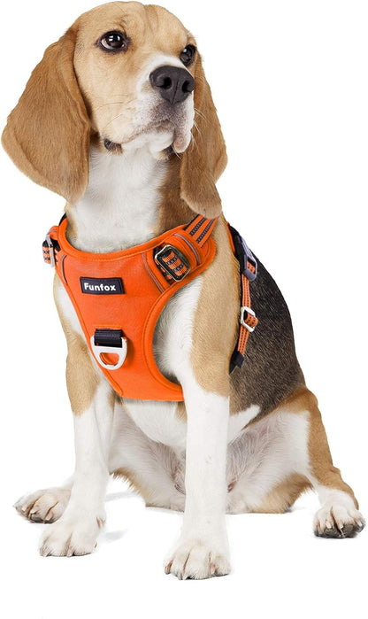 Funfox Dog Harness No Pull, Adjustable Pet Vest Harness, Super Soft Material with Vertical Handle Easy Control, Reflective Night Walking, 2 Leash Clips for Medium Sized Dogs, Orange, M