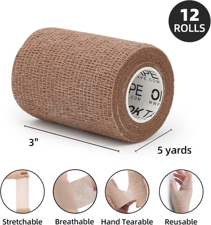 OK TAPE Self Adherent Cohesive Bandages Wrap - 12Packs, 3" x 5 Yards, Non-Woven Self Adhesive Bandage Wrap for Thumb, Finger, Wrist, Ankle, Vet Wrap Bandages Tape (Mixed Colors)