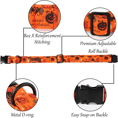 Lionet Paws Fall Halloween Dog Collar, Cute Bat Pumpkin Dog Collar for Small Dogs, Adjustable Cotton Orange Pet Collars Puppy Collar for Small Dogs