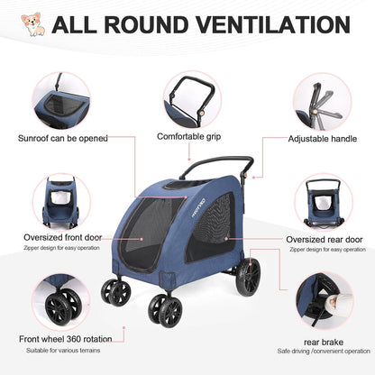 Large Dog Travel Stroller with 4 Heavy Duty Wheels Pet Stroller with Adjustable Handle - Double Doggie Capacity Jogger Wagon with Back Front Door for Small Medium Large Dogs (Navy)