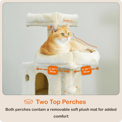 Ouritsu Cat Tree, 56 inch Tall Cat Tower for Large Cat Indoor, Large Condo, 2 Padded Perches, Steel-Framed Hammock, Scratching Post and ramp, Fluffy Basket, Beige, LF001WH