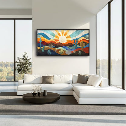 Extra Large Framed Abstract Boho Desert Wall Art, Sun Cactus Landscape Wall Decor Pictures for Living Room,Cacti Canvas Print Painting Modern Artwork Bedroom Office Bathroom Home Decor 60L x 30W