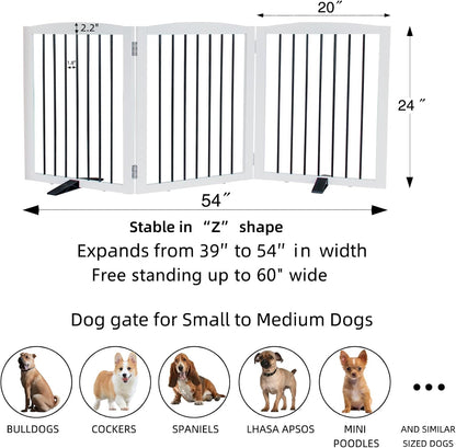 Freestanding Panel Dog Gate for Indoor Doorways, Stairs, or Hallways - Foldable Wooden Pet Gate, 24" Height - 3 Panels, White