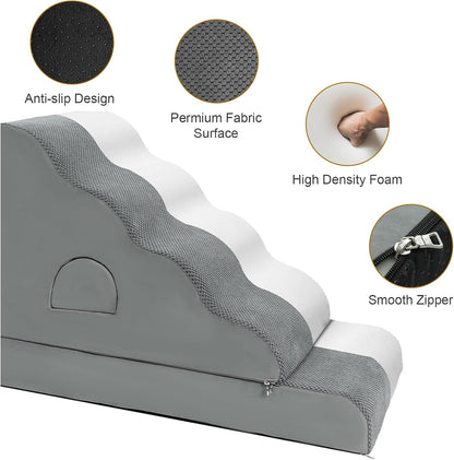 Dog Stairs for Small Dogs 24.6" H, 5-Step Dog Steps for High Bed, High-Density Foam Curved Pet Stairs with Non-Slip Removable Washable Cover to Get on Bed