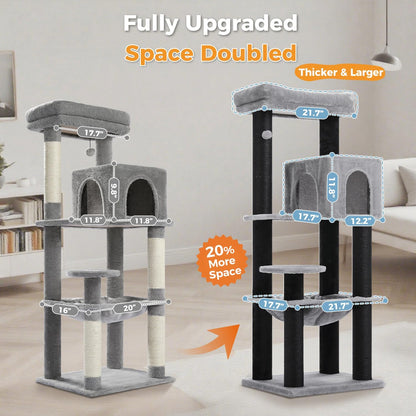 Large Cat Tree with Reinforced Scratching Posts (φ3.1in) for Big Adult Cats 30 lbs, 57.8" Heavy Duty Cat Tower with Larger Hammock and Condo, Cat Furniture for Maine Coon, Plush,Black