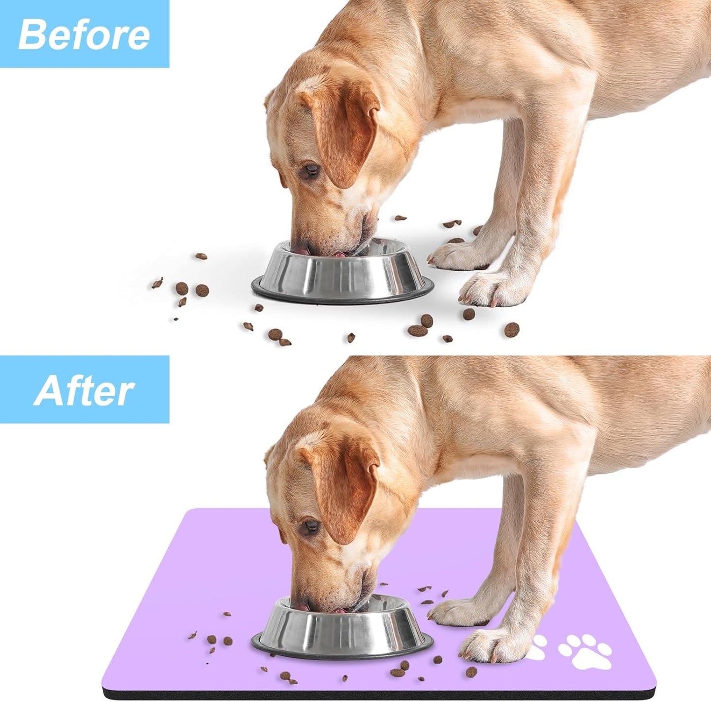 Rnivvi Dog Food Mat, 12" x 19" Footprint Absorbent Dog Cat Bowl Mat for Food and Water, Cute Anti-Slip Rubber Pet Feeding Rug Protect Floors, Puppy Placemat for Feeding & Watering Supplies, Purple