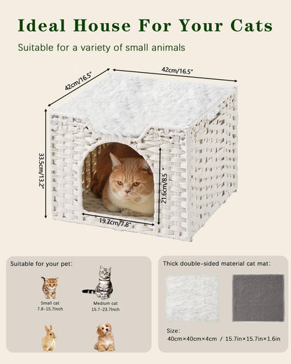 Cat Beds Indoor Kitten House, Handwoven Rattan Cat Cave Pet Cube, Large Cat Houses, One Bed Mat, Foldable, Hideaway, 16.5x16.5x13.2 Inches, 2 S-Shaped Hooks in Living Room Bedroom White