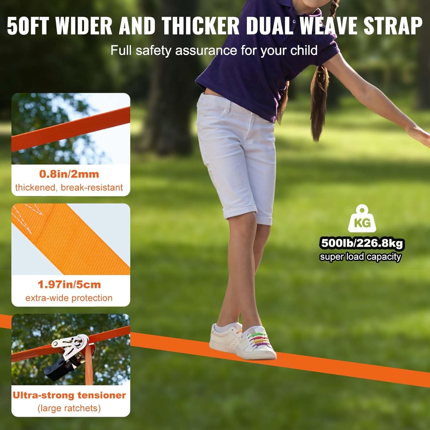 VEVOR Ninja Warrior Obstacle Course for Kids, 1 x 50 ft Weatherproof Slacklines, 500lbs Weight Capacity Monkey Line, Outdoor Playset Equipment, Backyard Toys Training Equipment Set with 10 Obstacles