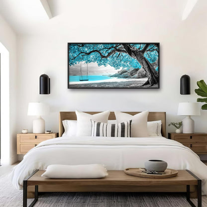 Extra Large Framed Abstract Tree Wall Art,Black and White Tree of Life Wall Decor,Blue Teal Sea Pictures for Living Room,Canvas Print Painting Modern Artwork Bedroom Office Bathroom 60L x 30W