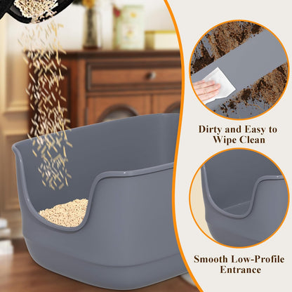 Gefryco Large Cat Litter Box with High Sided 24.6"x18.3"x12.2" - Jumbo Extra Large Open Anti - Splashing High Wall for Multiple Cats (Grey)
