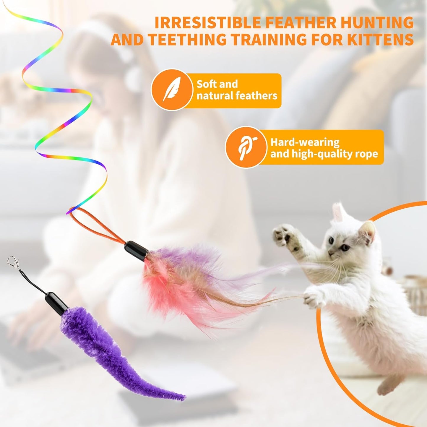 Interactive Cat Toy,Automatic Cat Toy for Indoor Cats,Hanging Door Clip Ribbon 360° Rotation,Feather & Rainbow Cat Stimulating Ribbons Cat Toys for Bored Adult/Kitten Exercise
