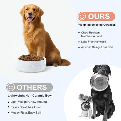 SPUNKYJUNKY Ceramic Dog Bowls 2 Pack, 8.3'' Dog Food Water Double Feeding Bowls Non-Slip for Medium to Large Sized Breed Microwave Dishwasher Safe - 60 OZ, 2pcs, Paw White