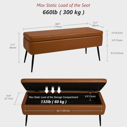 Leather Storage Ottoman Bench,End of Bed Bench for Living Room Bedroom Dinning Room Entryway,Mid-Century Modern,Faux Leather,with Steel Legs,Safety Hinges,Loads 660 lb (Without Button, Brown)
