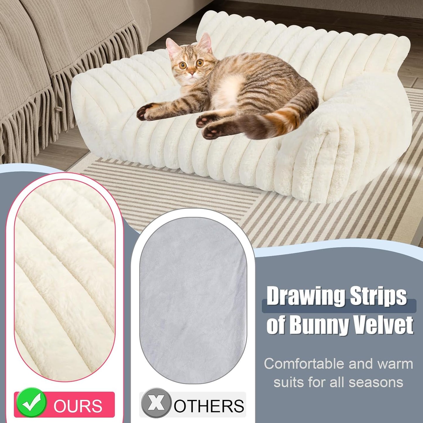 Cute Cat Couch Bed for Indoor Cats, Fluffy Pet Cat Sofa with Premium Soft Corduroy Fleece, Cute Small Dog Beds for Small Dogs, Fuzzy Puppy Chair with Removable Washable Cover (30x20x10,Cream)