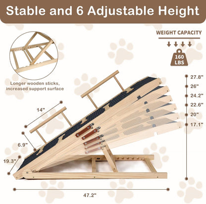 Dog Ramp for Bed Couch Extra Wide Folding Pet Ramps for Large Dogs to Get on Bed, Portable Doggie Steps 6 Adjustable Height 27.3”, 47.3" Long