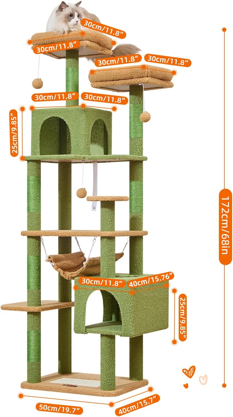 Taoqimiao Cat Tree, 68-Inch Cat Tree Cat Tower for Indoor Cats, Plush Multi-Level Cat Condo with 6 Scratching Posts, 2 Perches, 2 Caves,Hammock, 3 Pompoms,MS020ST Cactus