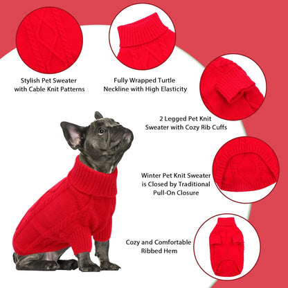 Queenmore Small Dog Pullover Sweater, Cold Weather Cable Knitwear, Classic Turtleneck Thick Warm Clothes for Chihuahua, Bulldog, Dachshund, Pug (Red, Small)