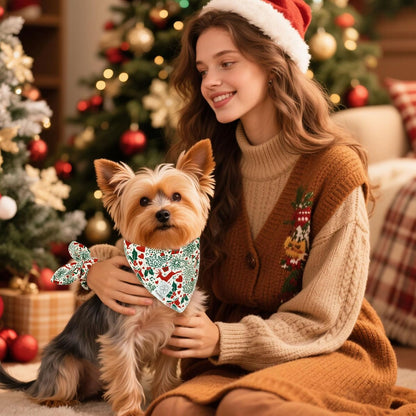 E-Clover Christmas Dog Bandanas & Matching Scrunchie Set White Green Red Dog Scarf Bibs Pet Bandana with Bow Tie for Medium Large Dogs Owner Mom Winter