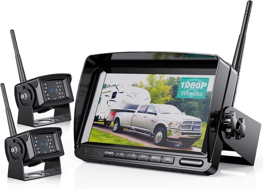 Digital Wireless Backup Camera System Kit, IP69K Waterproof Wireless 2 Rear View Camera + 7?™â€?LCD Dual Split Monitor for RV/Truck/Bus/Camper/Trailer (WX02)