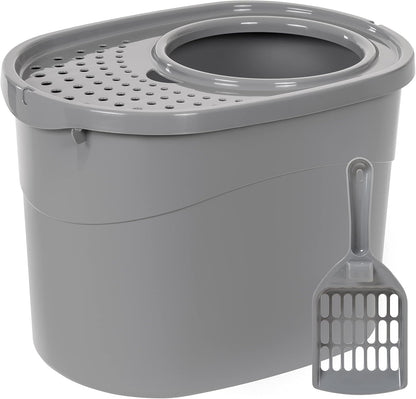 Amazon Basics Large Cat Litter Box with High Sides, Top Entry, Includes Scoop, 20.5 x 14.75 x 14.38 inches, Grey