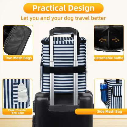Dog Travel Bag for Camping - Pet Travel Accessories with 2 Collapsible Bowls, 2 Food Containers & Waterproof Feeding Mat - Portable Dog Carrier, Stripe (Small)