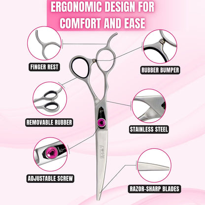 Kenchii Love Left Handed Dog Grooming Scissors, 7 Inch Curved Shears, Dog Scissors for Grooming, Professional Pet Grooming Scissors, Ergonomic & Comfortable
