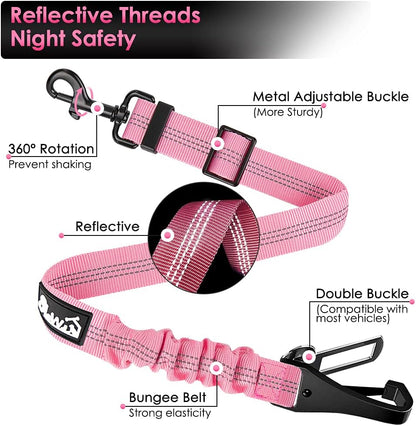 SlowTon Dog Seat Belt, Adjustable Dog Safety Belt Leash, 2 in 1 Latch Bar Attachment Dog Car Seatbelt with Elastic Nylon Bungee Buffer, Reflective Nylon Belt Tether Connect to Dog Harness (Pink)