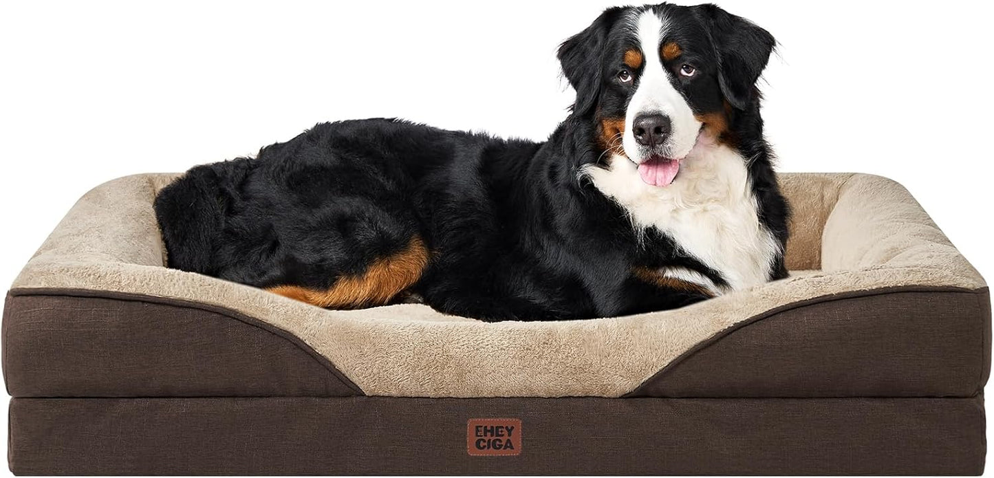 EHEYCIGA Memory Foam XXL Dog Bed for XLarge Sized, Extra Large Orthopedic Dog Sofa with Sides and Waterproof Liner, Washable Bolster Pet Couch with Removable Cover, 52x41x8 Inch, Brown