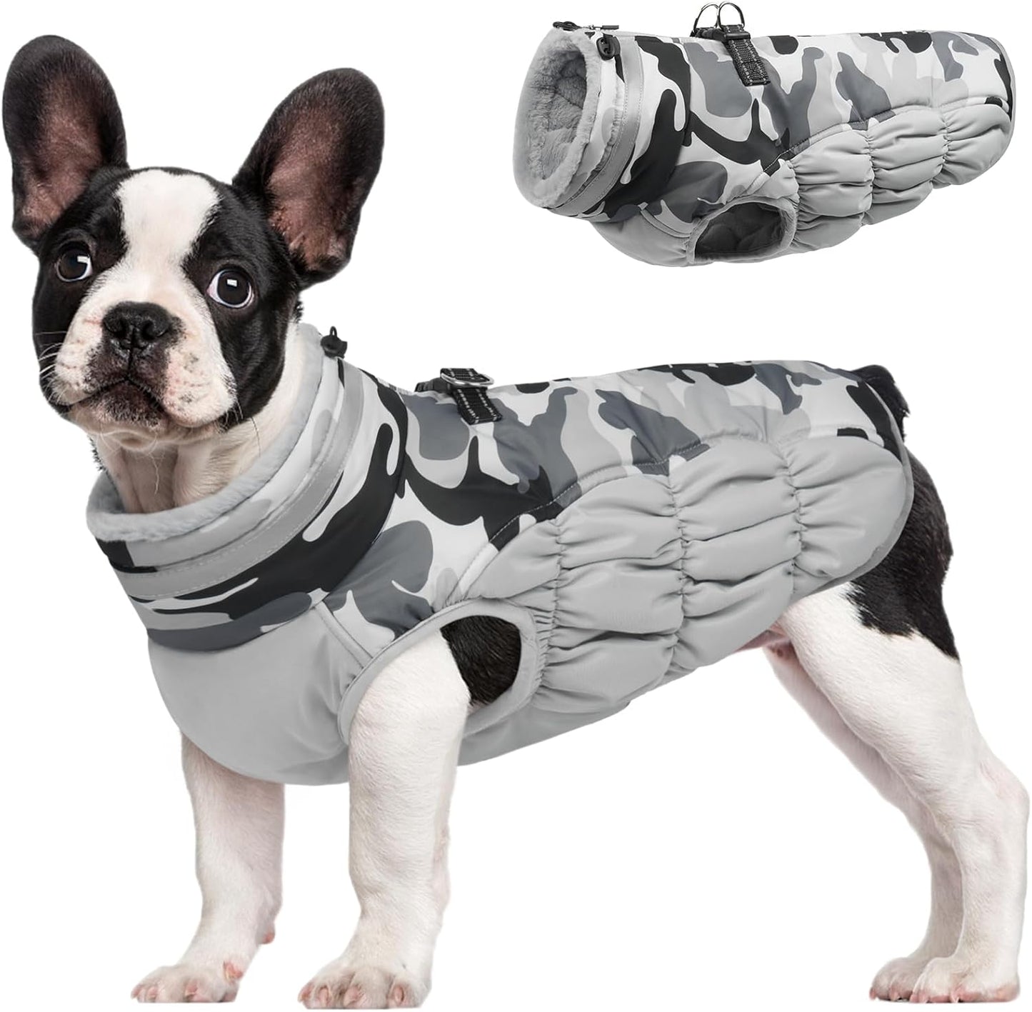 FUAMEY Dog Coat for Small Dogs,Waterproof Dog Winter Jacket with Harness Built in Puppy Cold Weather Coats Reflective Pet Vest with Zipper Warm Fleece Dogs Snowsuit Windproof Grey Camo XS
