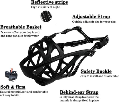 Dog Muzzle, Breathable Basket and Soft Cage Black Dog Mouth Cover,Anti-Biting, Barking and Chewing for Small Medium Large Dogs, 1 Pack Poop Bags for Dogs (L)
