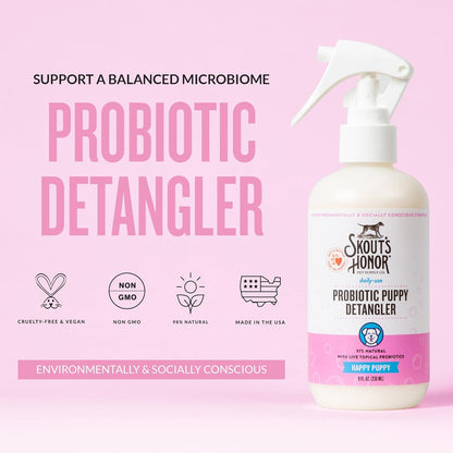 Skout's Honor Pet Detangler Spray - Hydrating & Conditioning with Avocado Oil & Probiotics, 97% Natural, Paraben & Sulfate-Free, softens for a More brushable Coat, Daily Use, 8oz, Happy Puppy