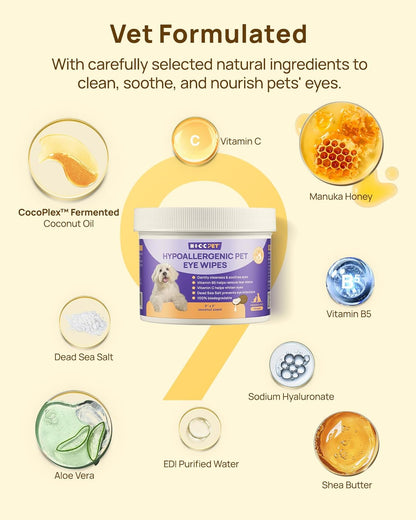 HICC PET Eyes Wipes for Dogs & Cats - Gently Remove Tear Stain, Debris, Discharge, Crust - Coconut Oil Pet Cleaning Grooming Deodorizing Wipes Wash Cleaner for Eyes, Wrinkle, Face - 100pcs