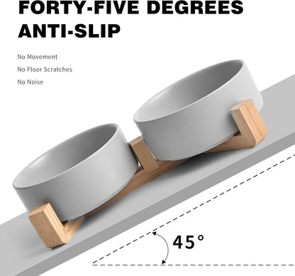 Grey Ceramic Dog & Cat Bowl Set – 13.5 OZ with Wooden Stand, Non-Slip, Elevated Design for Small Dogs & Cats – 2 Bowls (Food & Water, Ceramic Pet Bowls, Modern Dog Bowls)