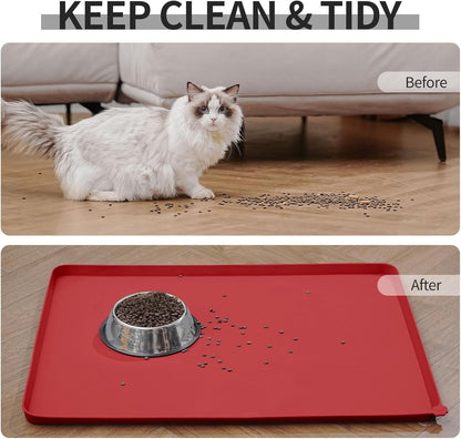 Waterproof Pet Feeding Mat with High Raised Edges, Heavier and Thicker Placemats for Cat Dog Water Bowl with BPA Free, Dogs Cats Food Mats for Messy Drinkers to Prevent Spill and Protect Floors