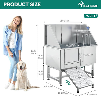 YITAHOME 50in Dog Grooming Tub Bathtub for Home 304 Stainless Steel Professional Dog Bath Washing Station w/Left Ramp, Faucet, Floor Grate for Large, Medium, Small Pets