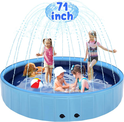 71" Large Dog Pool with Sprinkler, 2-in-1 Foldable Swimming Pool Non-Slip Hard Plastic Splash Sprinkler Kiddie Pool for Outdoor Backyard Kids Dogs Ducks and Pet Baths