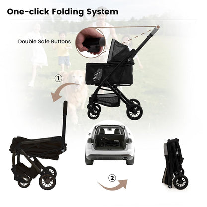 Lightweight Dog Stroller for Small Dogs & Cats Portable Compact Folded Pet Stroller Up to 35lbs Medium Pets One Click Folding Large Cat Carriage with Convertible Canopy Storage Basket-Black