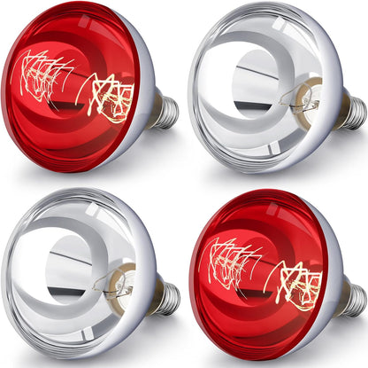 VIHOSE 4 Pack 250 Watt Heat Lamp 120v R40 Heat Lamp Bulbs Glass Incandescent Light Bulbs Incandescent Heating Lightbulbs for Reptiles Chicks Food Puppies Bathroom, Use E26 Base (Silver,Red)