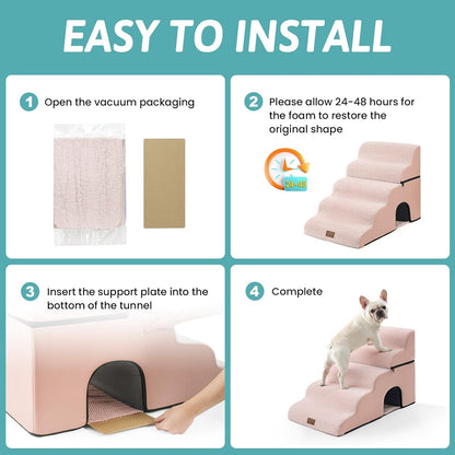 Extra Wide Dog Stairs with Tunnel, Detachable Large Pet Step for Small Medium Dog, Puppy or Cat, Ramp for High Bed, Couch, Sofa or Car, Stable, 19.7x33x22.4 inch, 5 Step, Pink