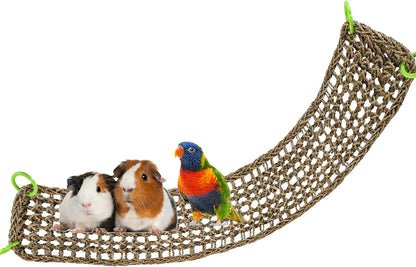 39 x 7 Inches Seagrass Mat, Natural Seagrass Woven Net, Bird Hammock Mat with Hooks, Cage Accessories, Climbing Rope Ladder Chew Toys for Cockatiel, Hamster, Guinea Pig, Rats, Parakeet