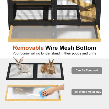 40'' Rabbit Cage Bunny Cage Indoor, Outdoor Rabbit Hutch for Small Animals, 2-Story Wooden Guinea Pig Cages with Wheels & 2 Deeper No Leak Trays, Waterproof Openable Roof & Bottom Wire Mesh