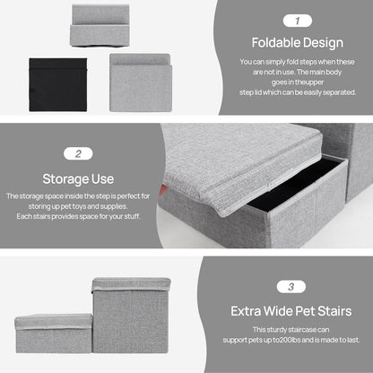 Foldable Dog Stairs/Steps 2-Tier Pet Steps Storage and Adjustable Steps for Small Medium Dogs Pet Steps Storage Stepper for High Beds Sofa Pet Dog Cat (2 Step-Light Grey)